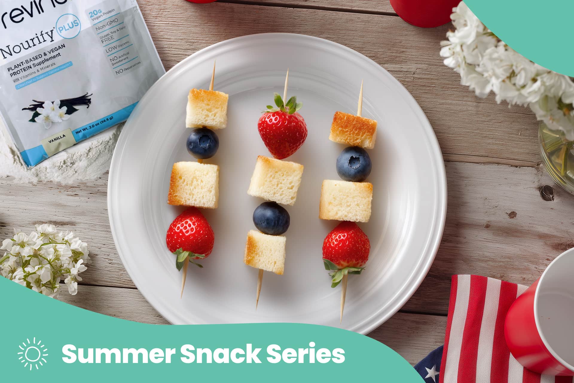 Summer Snack Series: Red, White, and Blue Protein Cake Skewers