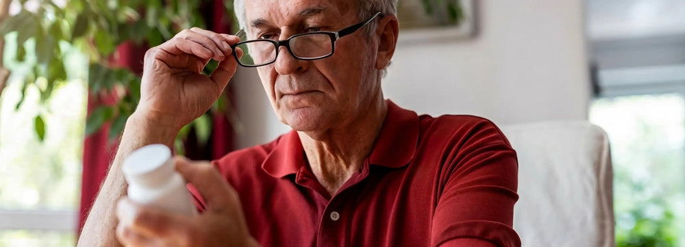 Man adjusting his glasses while reading the label on a supplement bottle.